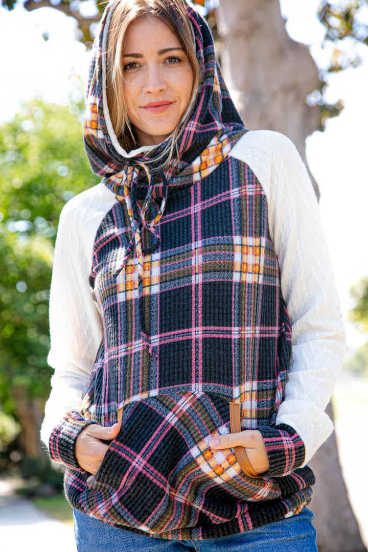 Plaid Cable Knit Elbow-Pad Hoodie