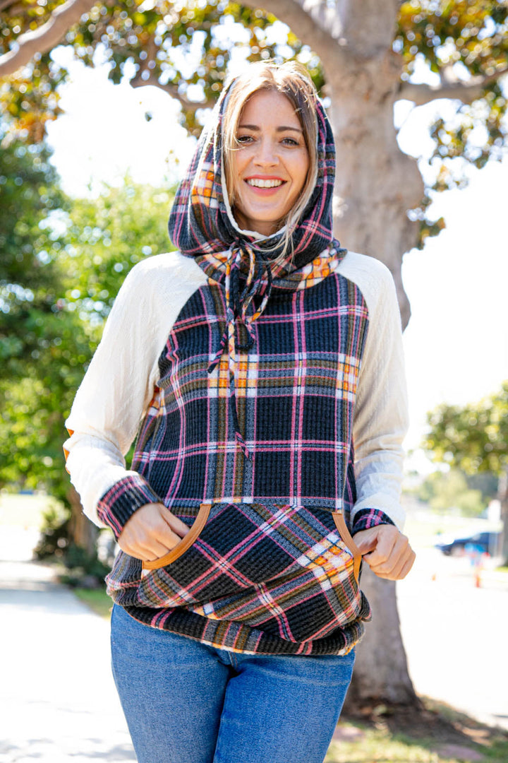 Plaid Cable Knit Elbow-Pad Hoodie