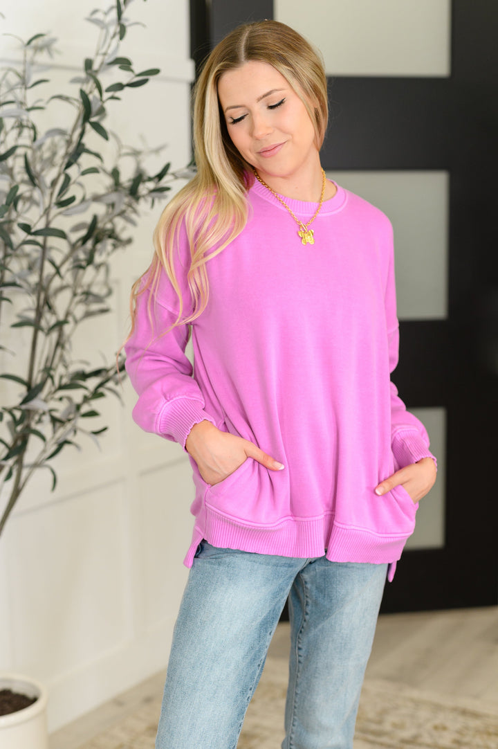 Talk Cozy to Me Stepped Hem Pullover in Bright Mauve   Womens Joy & Country