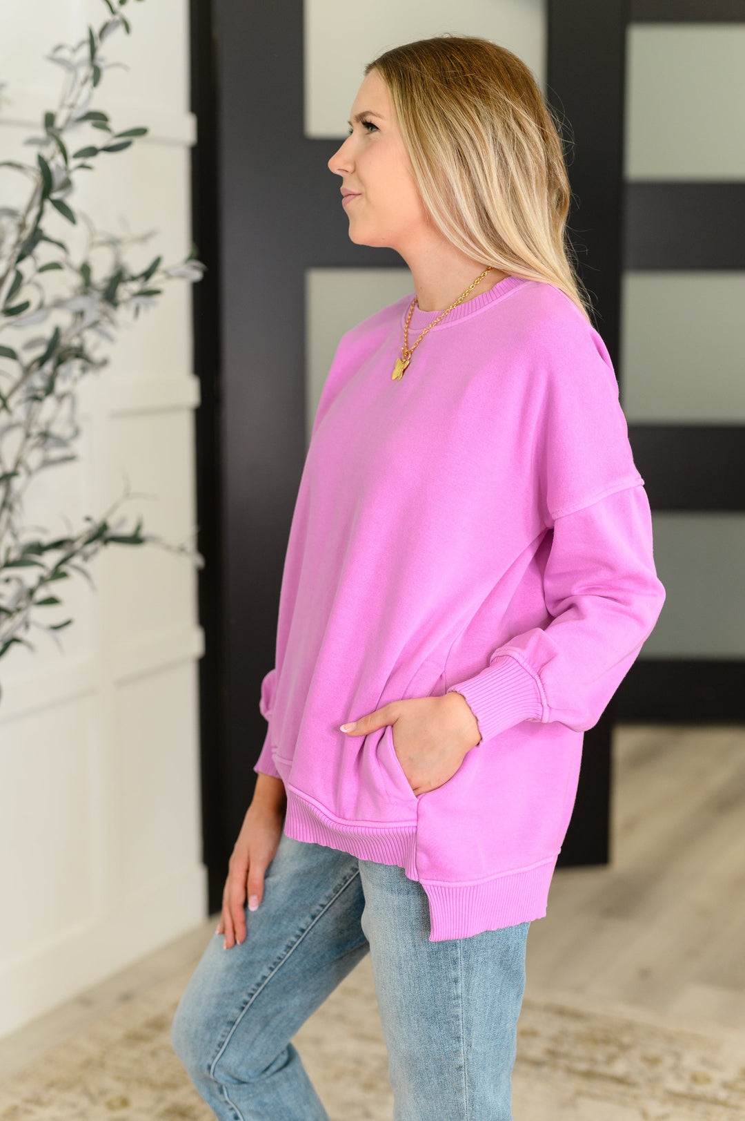 Talk Cozy to Me Stepped Hem Pullover in Bright Mauve   Womens Joy & Country
