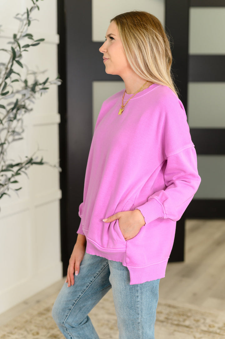 Talk Cozy to Me Stepped Hem Pullover in Bright Mauve   Womens Joy & Country