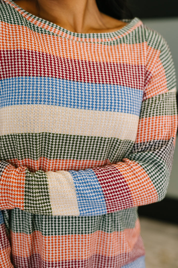 To Be Determined Drop Shoulder Top in Rust, Olive and Blue   Womens Joy & Country