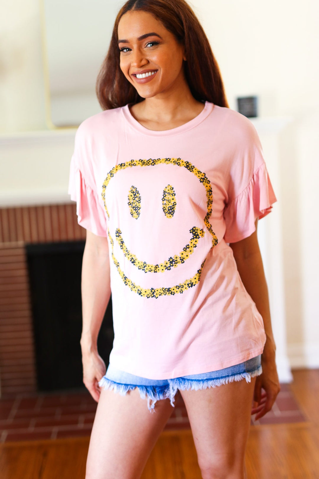Good Times - Smiley Face Flutter-Sleeve Top - Pink