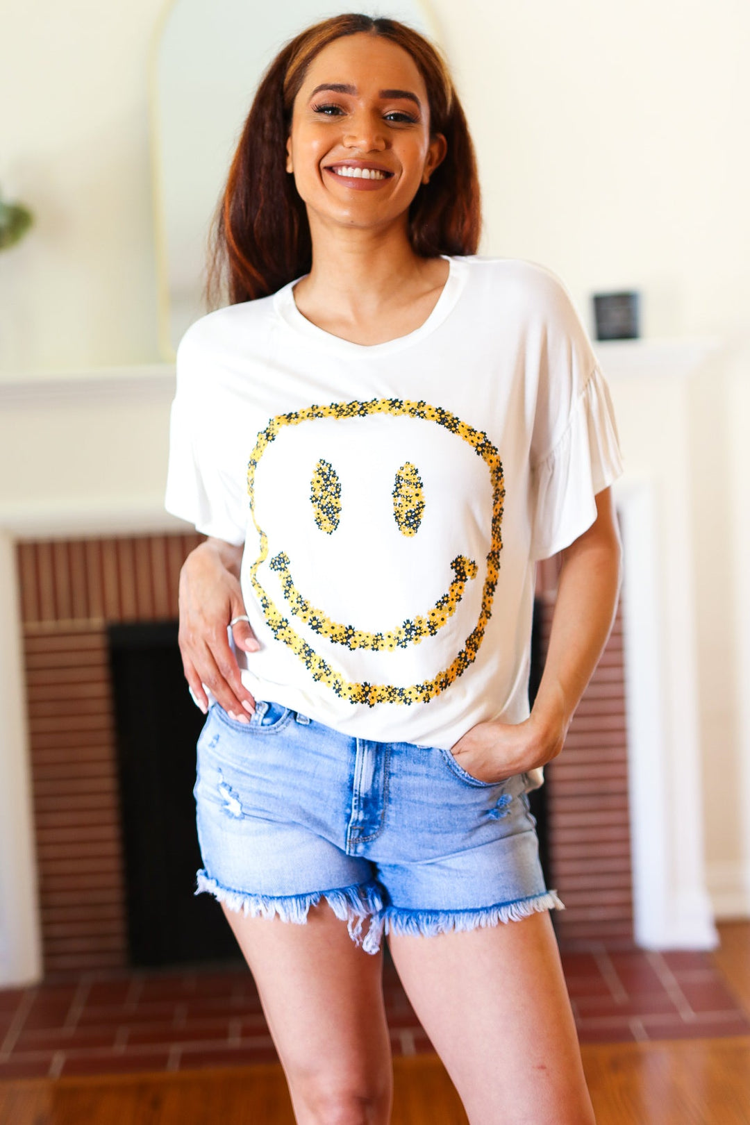 Good Times - Smiley Face Flutter-Sleeve Top - White