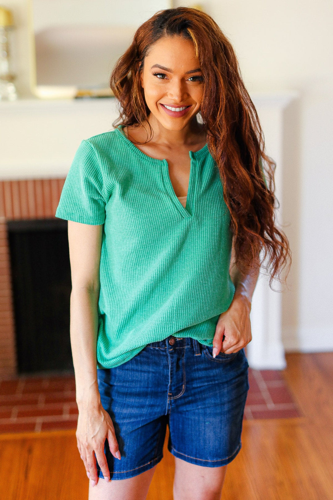 Live Free - Baby Waffle Henley Top - Green