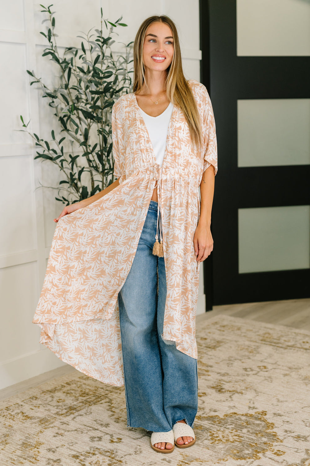 Tropical Print Gauze Kimono with Elastic Waist Tie in Milk Tea   Womens Joy & Country