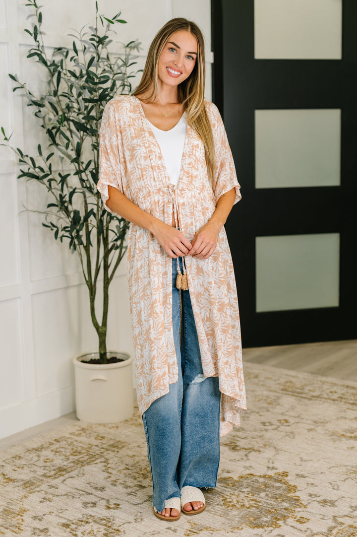 Tropical Print Gauze Kimono with Elastic Waist Tie in Milk Tea   Womens Joy & Country