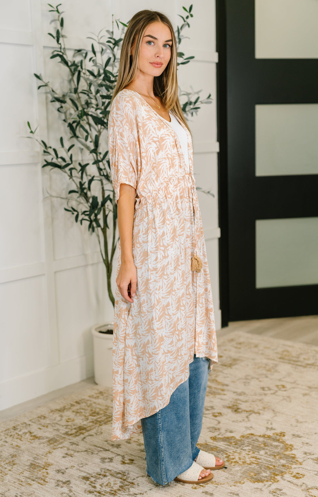 Tropical Print Gauze Kimono with Elastic Waist Tie in Milk Tea   Womens Joy & Country