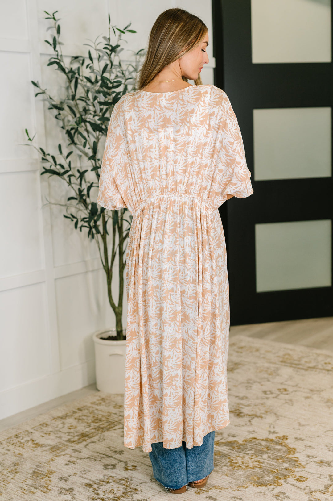 Tropical Print Gauze Kimono with Elastic Waist Tie in Milk Tea   Womens Joy & Country