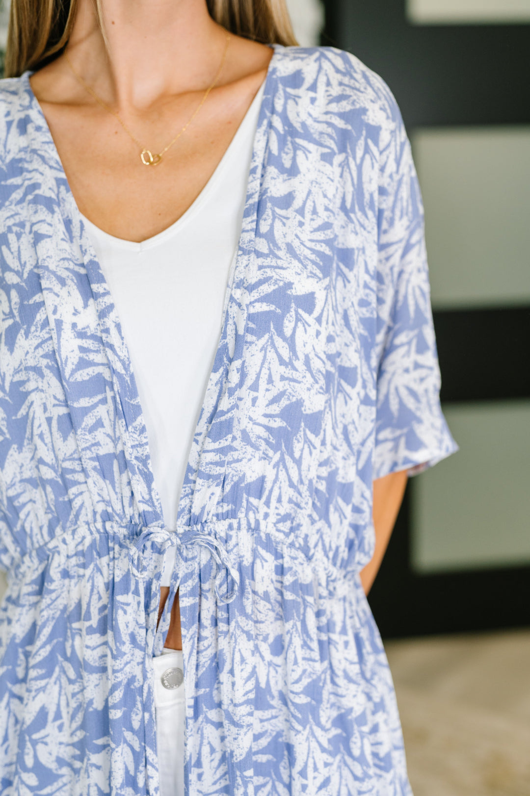 Tropical Print Gauze Kimono with Elastic Waist Tie in Periwinkle   Womens Joy & Country