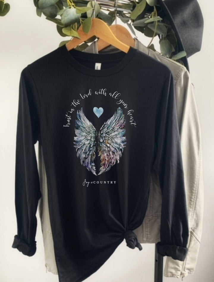 Trust In The Lord With All Your Heart - Watercolor Angel Wings - Unisex Long-Sleeve Tee   Long-sleeve Joy & Country