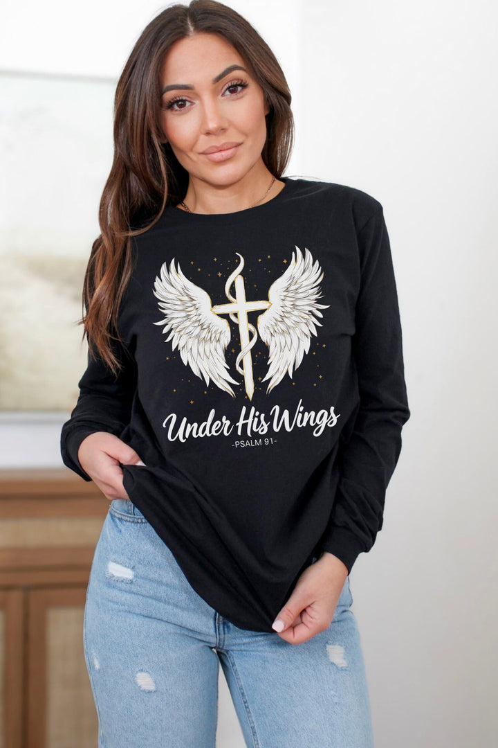 Under His Wings - Psalm 91 With Cross - Unisex Long-Sleeve Tee   Long-sleeve Joy & Country