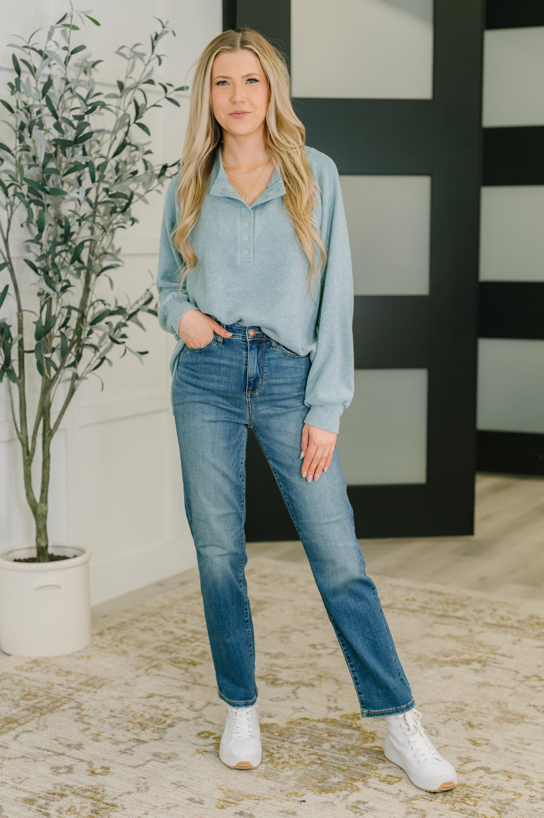 Urban Flux Scooped Hi-Low Long Pullover in Blue Grey   Womens Joy & Country