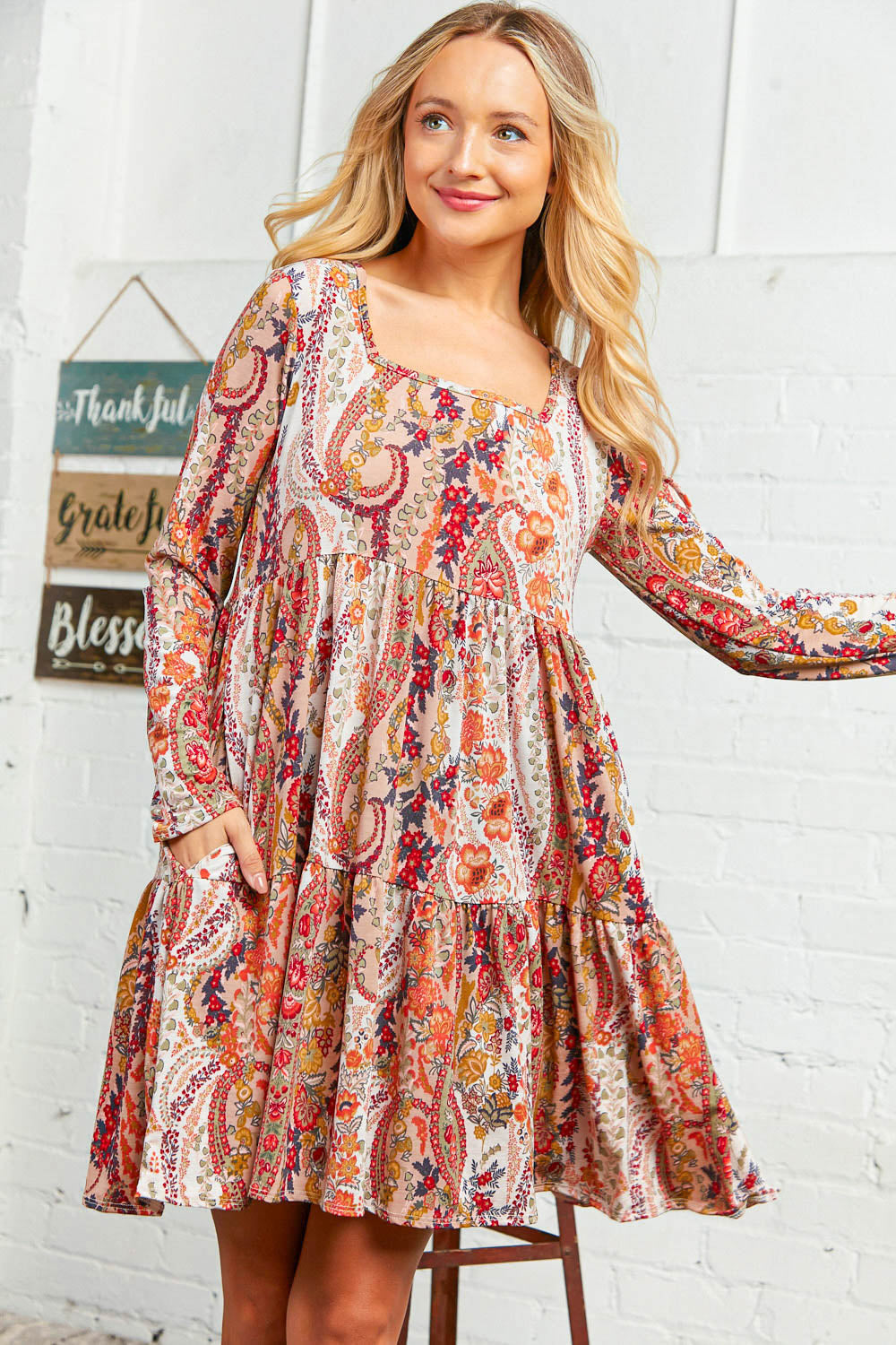 Paisley Floral Ruffle Dress with Pockets