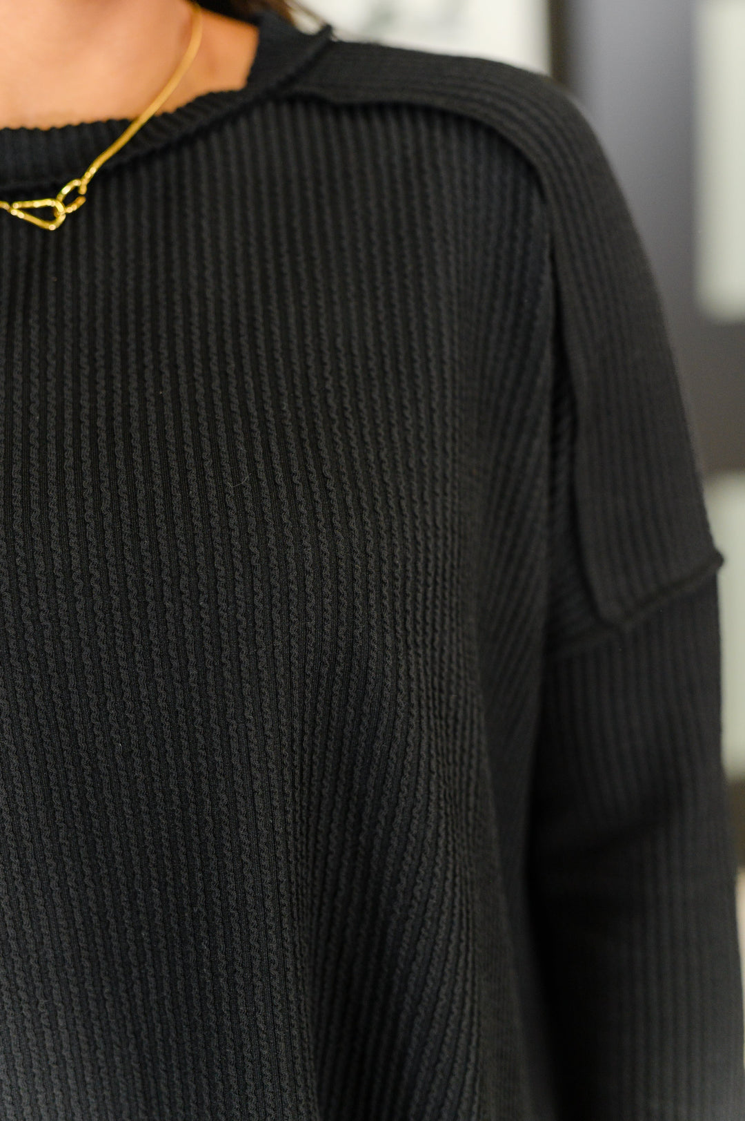 Wander & Rest Cable Ribbed Knit Drop Shoulder Top in Black   Womens Joy & Country