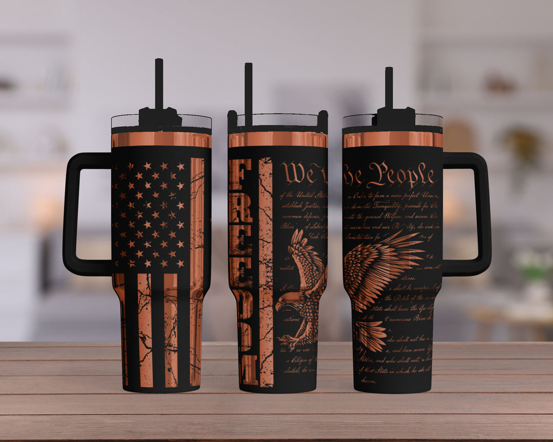 [PRE-ORDER] Freedom USA Flag We The People - 40 oz. Stainless Steel Laser-Engraved XL Tumbler (Black With Premium Copper) [SHIPS IN 1-2 WEEKS] - Joy & Country