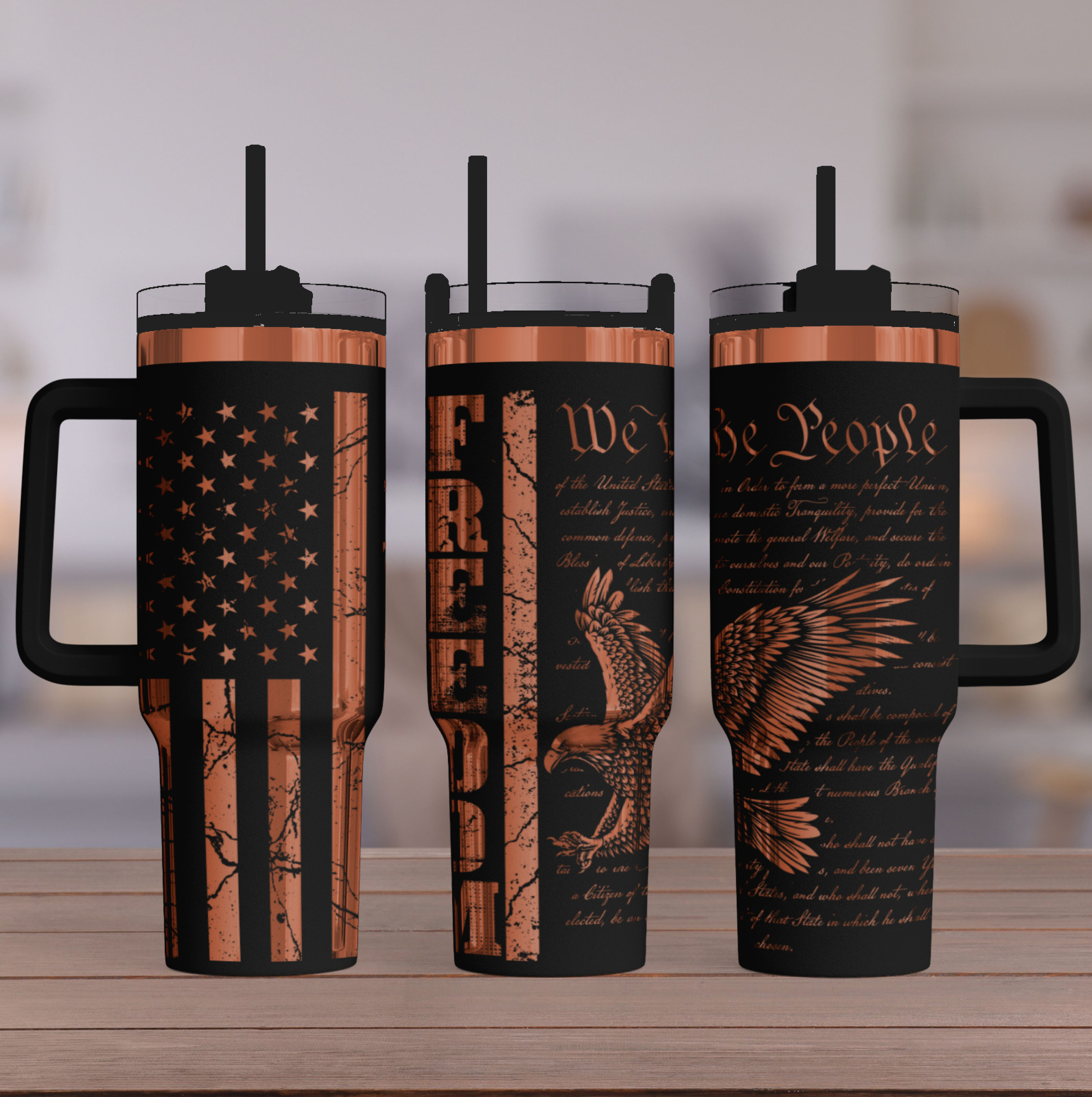 [PRE-ORDER] Freedom USA Flag We The People - 40 oz. Stainless Steel Laser-Engraved XL Tumbler (Black With Premium Copper) [SHIPS IN 1-2 WEEKS] - Joy & Country