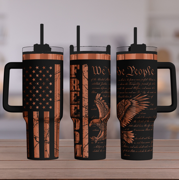 [PRE-ORDER] Freedom USA Flag We The People - 40 oz. Stainless Steel Laser-Engraved XL Tumbler (Black With Premium Copper) [SHIPS IN 1-2 WEEKS] - Joy & Country