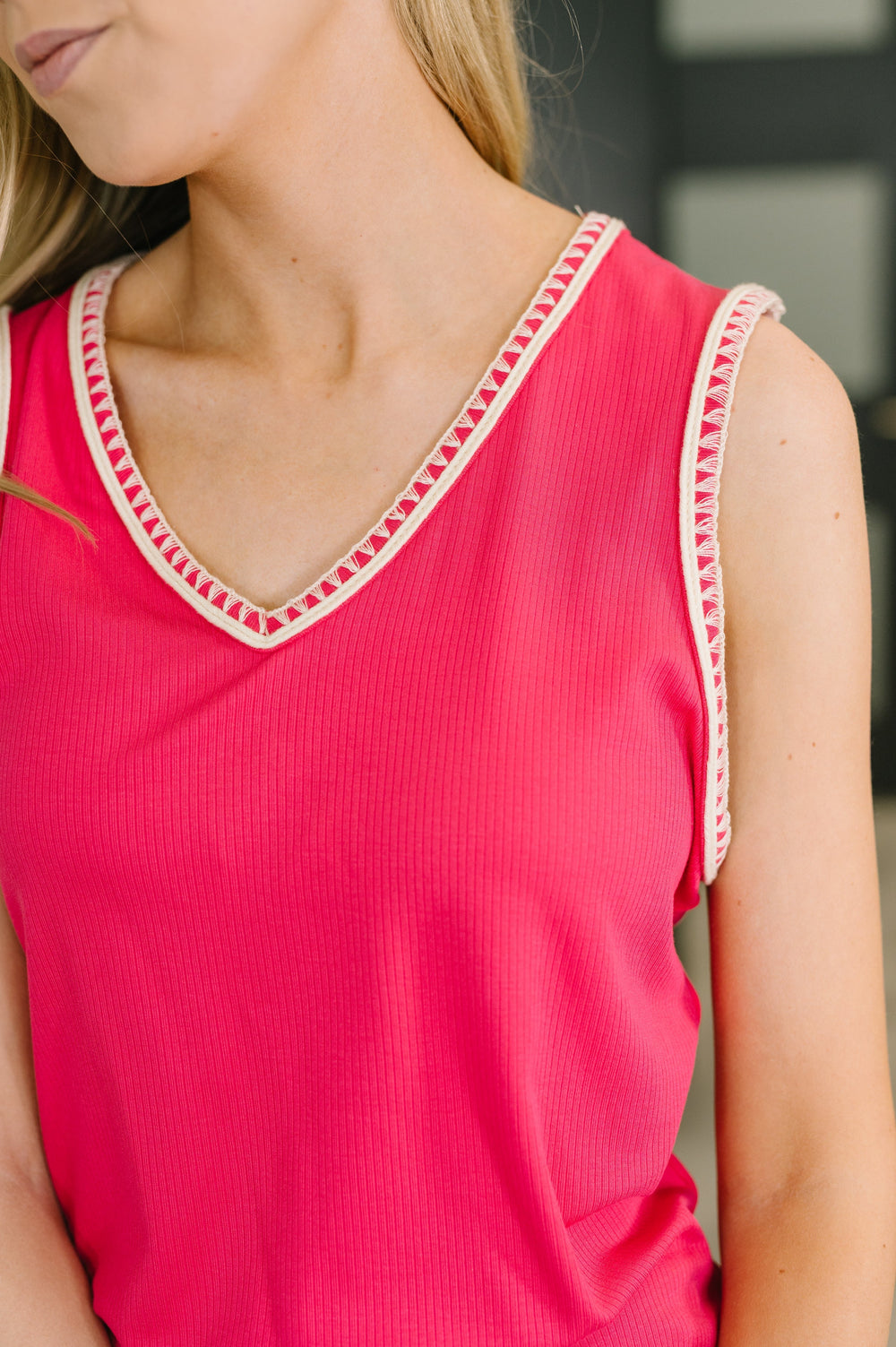 Whisper Trim Detailed V-Neck Tank in Hot Pink   Womens Joy & Country