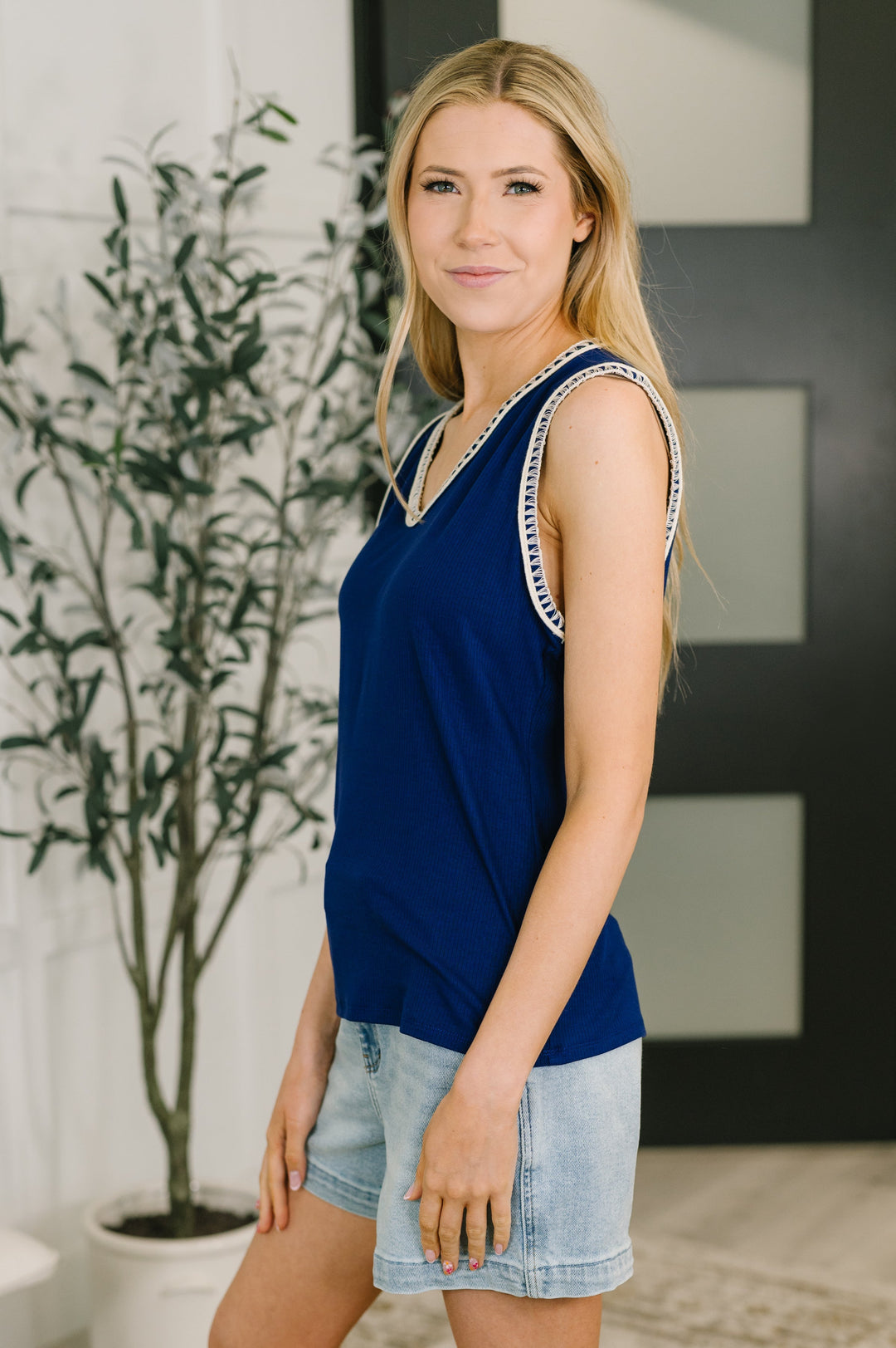 Whisper Trim Detailed V-Neck Tank in Navy   Womens Joy & Country