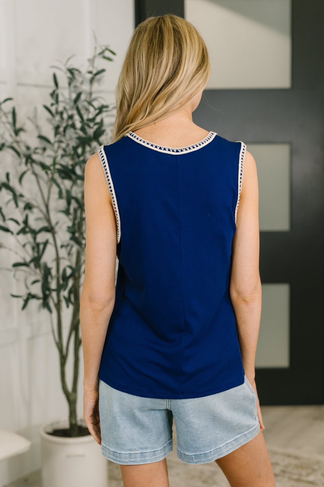 Whisper Trim Detailed V-Neck Tank in Navy   Womens Joy & Country