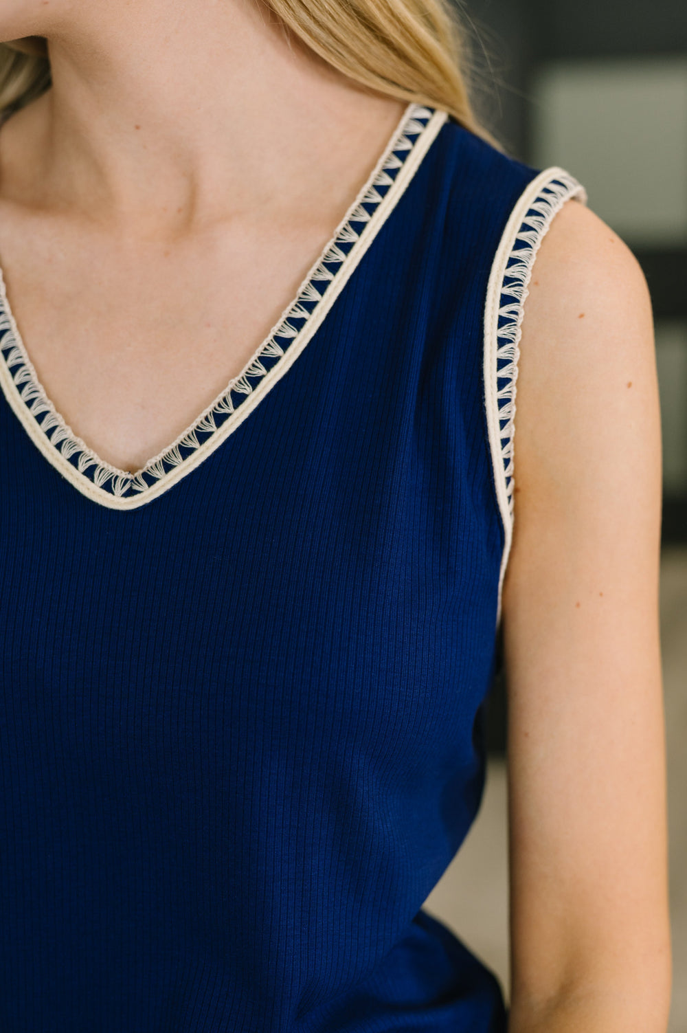 Whisper Trim Detailed V-Neck Tank in Navy   Womens Joy & Country