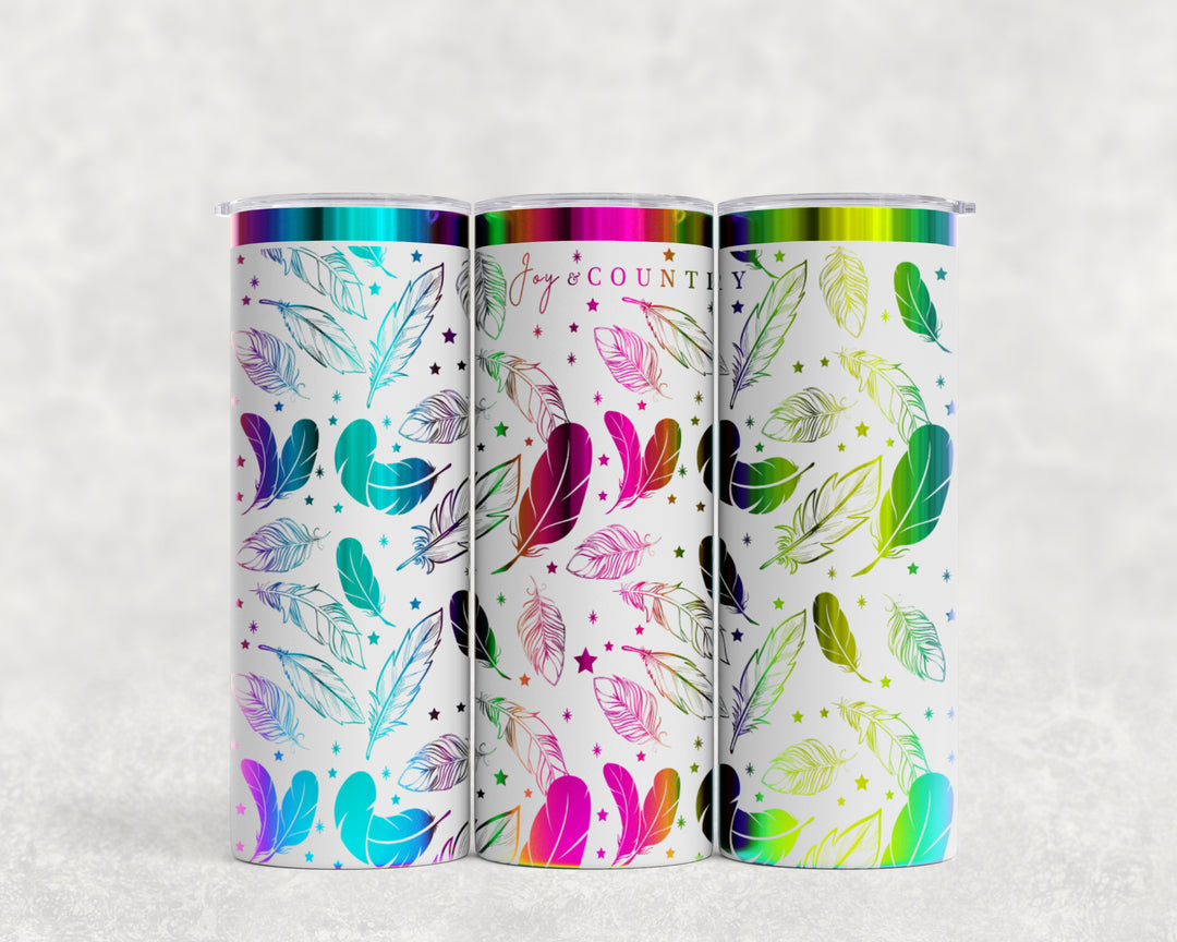 [PRE-ORDER] Whispers Of Faith Multi-Feather Design Multicolor Iridescent - 20 oz. Stainless Steel Laser-Engraved Skinny Tumbler [SHIPS IN 1-2 WEEKS] - Joy & Country