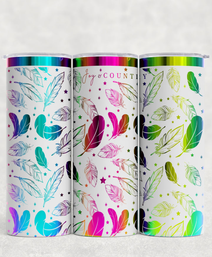 [PRE-ORDER] Whispers Of Faith Multi-Feather Design Multicolor Iridescent - 20 oz. Stainless Steel Laser-Engraved Skinny Tumbler [SHIPS IN 1-2 WEEKS] - Joy & Country