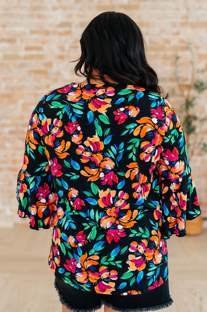 Bell-Sleeve Top in Black and Emerald Floral