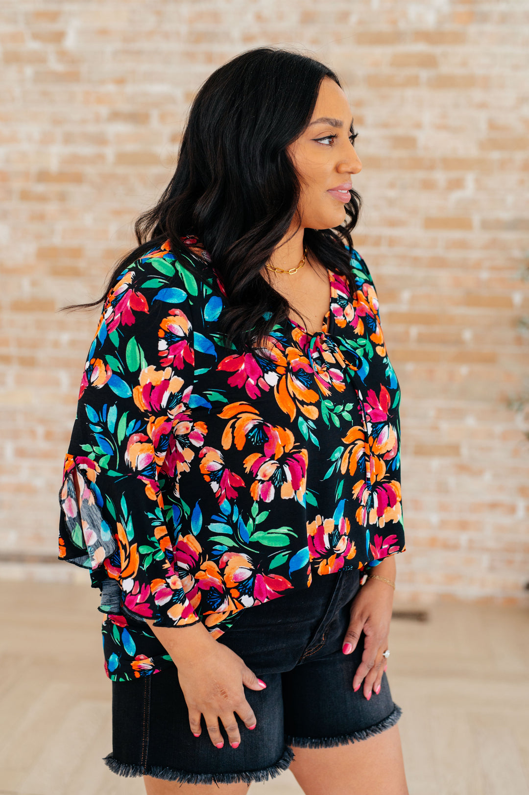 Bell-Sleeve Top in Black and Emerald Floral