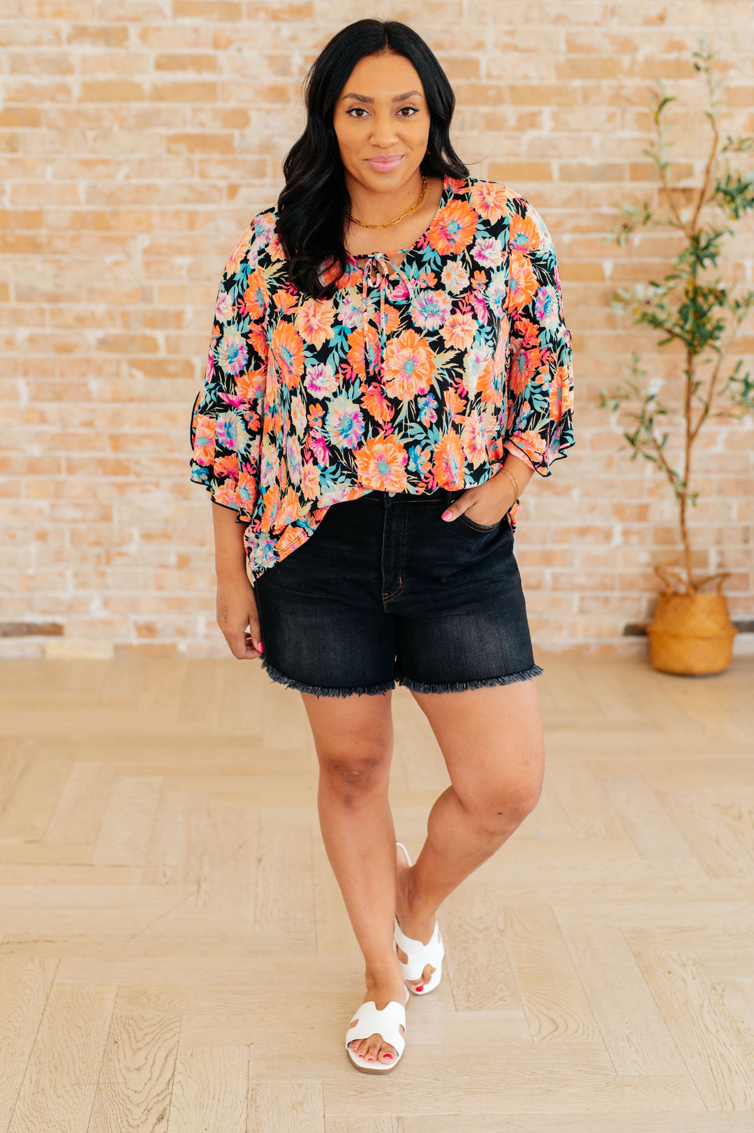 Bell-Sleeve Top in Black and Persimmon Floral
