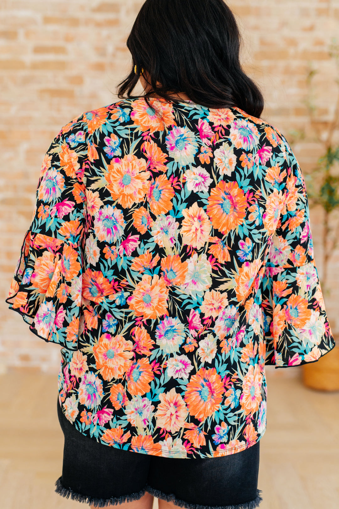 Bell-Sleeve Top in Black and Persimmon Floral