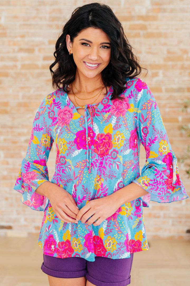 Bell-Sleeve Top in Bright Blue Floral