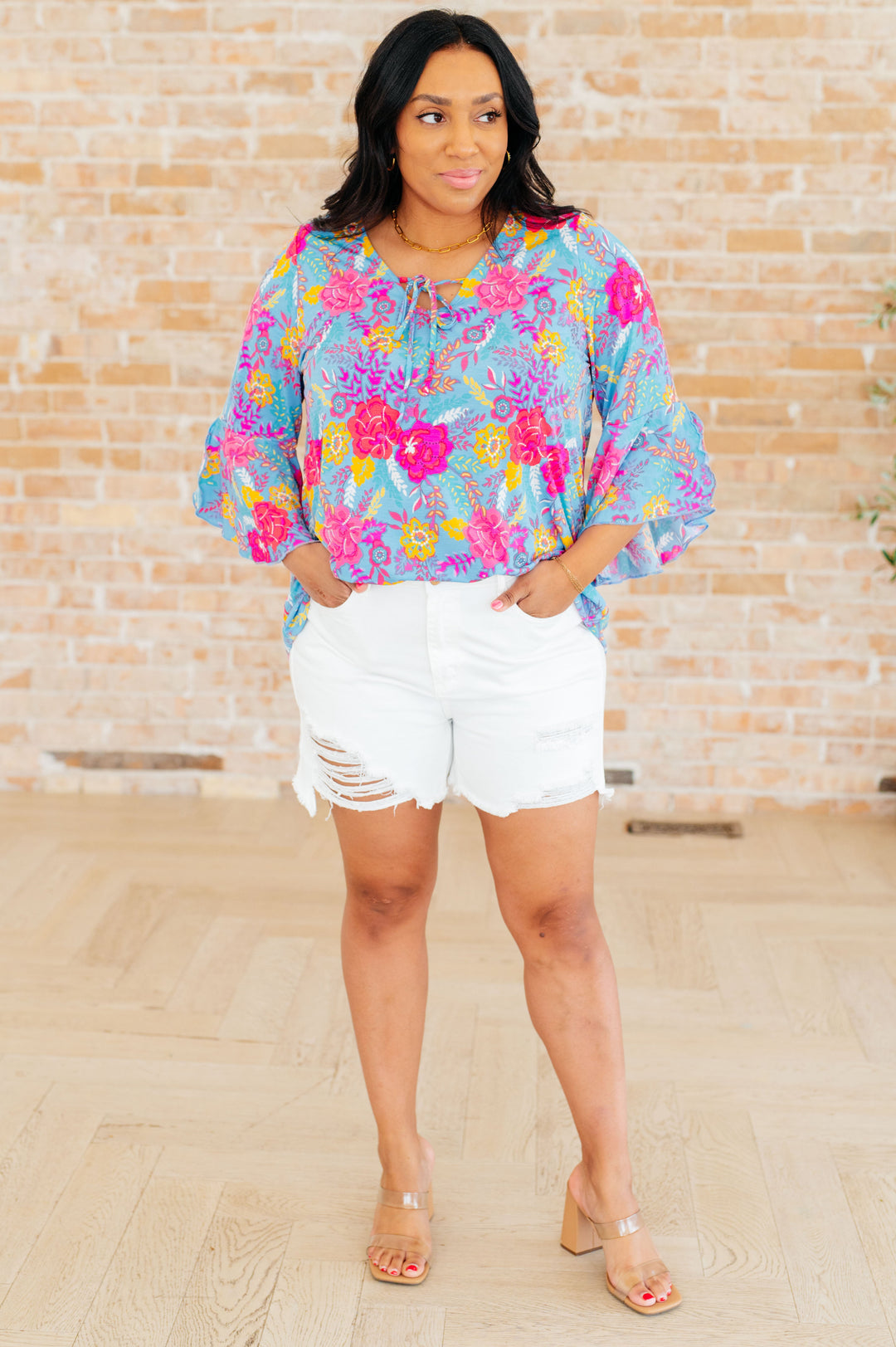 Bell-Sleeve Top in Bright Blue Floral