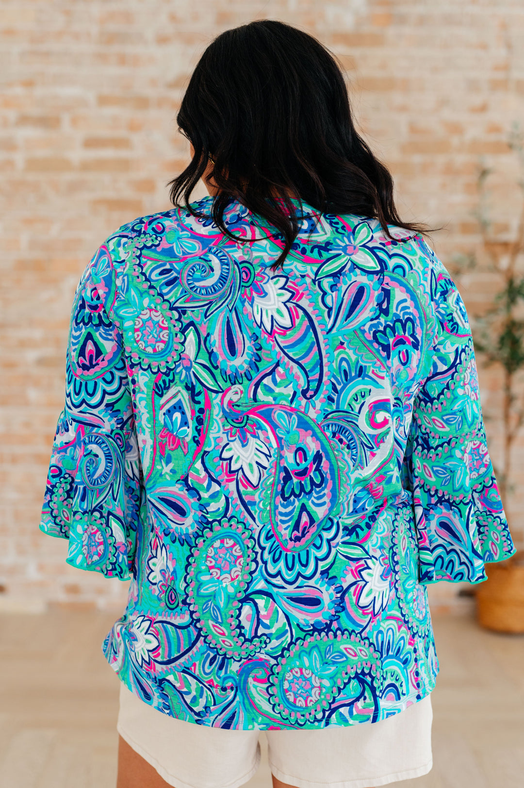 Bell-Sleeve Top in Emerald and Royal Paisley