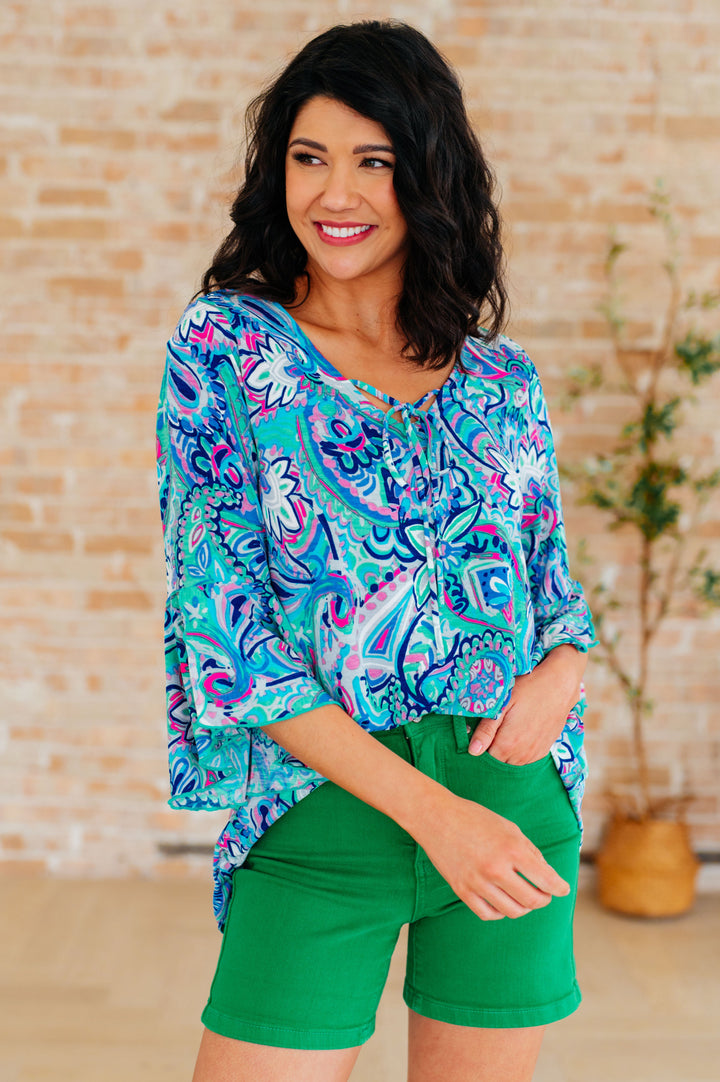 Bell-Sleeve Top in Emerald and Royal Paisley