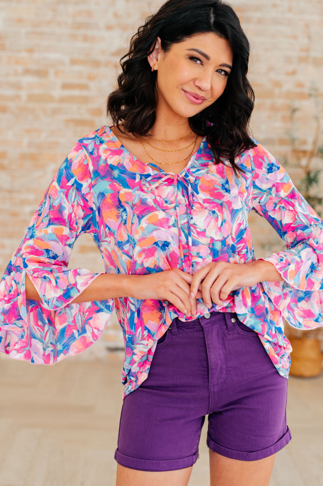 Bell-Sleeve Top in Royal Brushed Floral