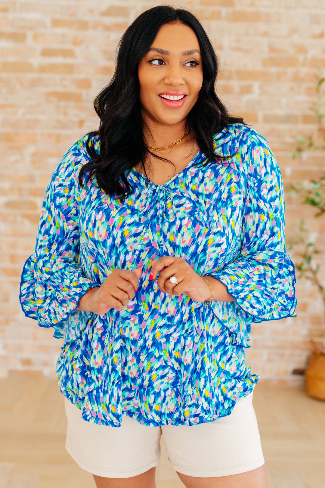 Bell-Sleeve Top in Royal Brushed Multi