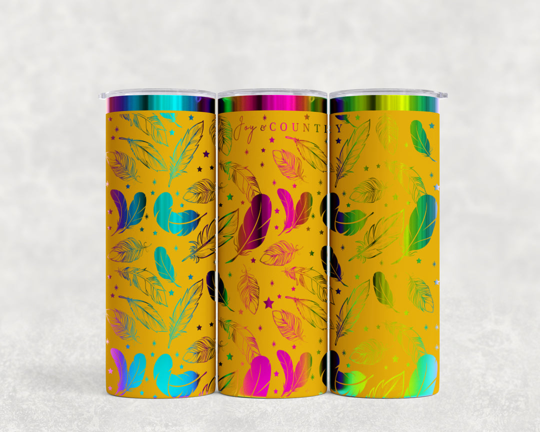 [PRE-ORDER] Whispers Of Faith Multi-Feather Design Multicolor Iridescent - 20 oz. Stainless Steel Laser-Engraved Skinny Tumbler [SHIPS IN 1-2 WEEKS] - Joy & Country