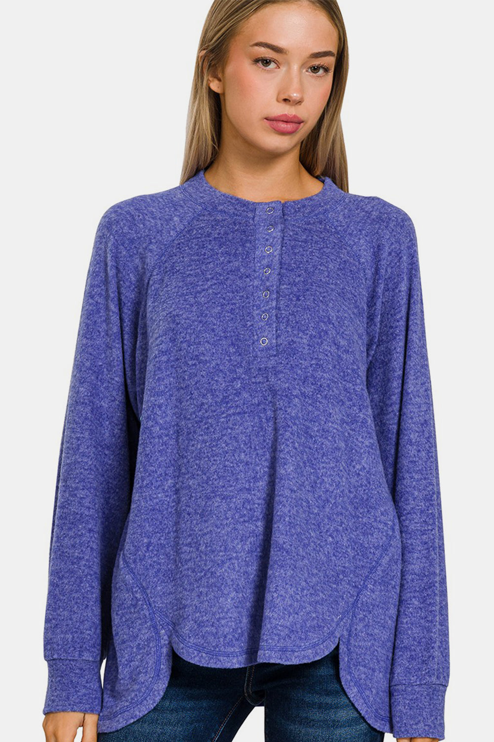 Brushed Melange Hacci High-Low Sweater - Bright Blue - Joy & Country