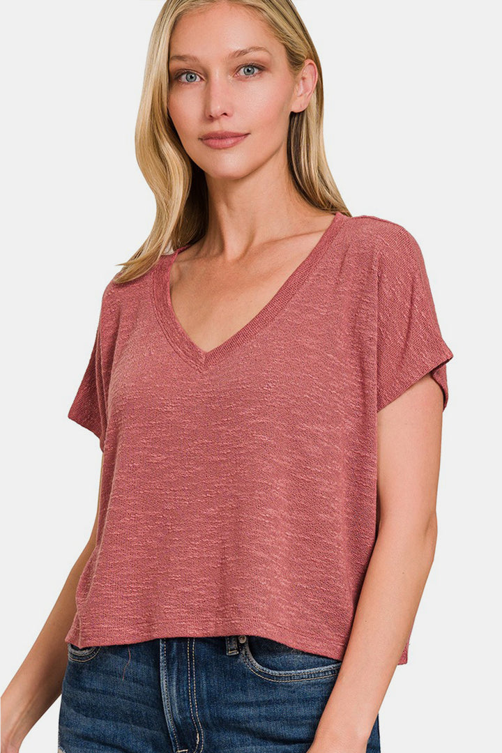 Dusty Rose V-Neck Crop T-Shirt