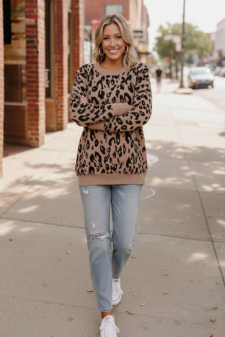 Leopard Jacquard Oversized Sweater Knit Top    Joy & Country