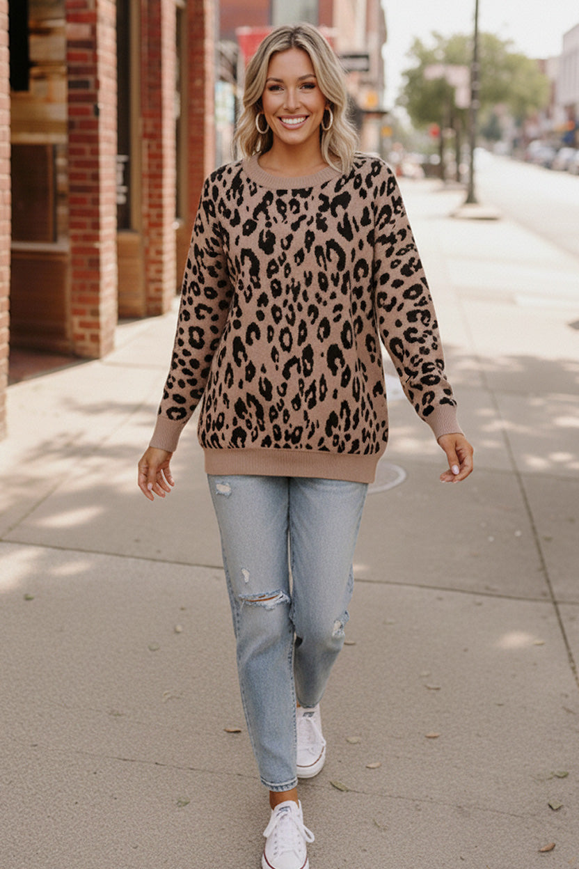 Leopard Jacquard Oversized Sweater Knit Top    Joy & Country