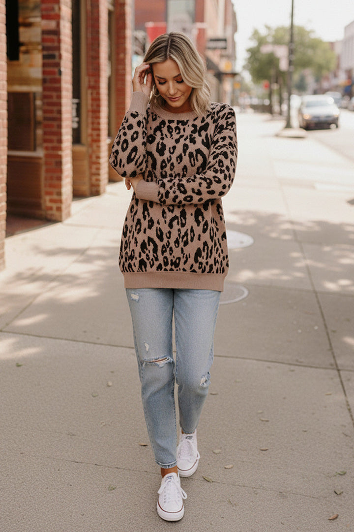 Leopard Jacquard Oversized Sweater Knit Top    Joy & Country