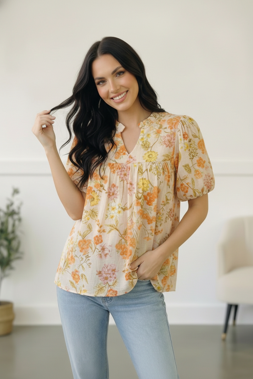 Sunlit Garden Notch Neck Blouse    Joy & Country