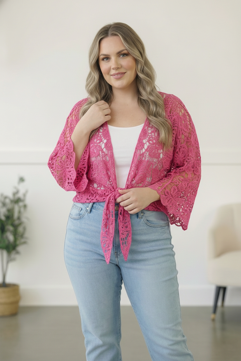 Tie the Vibe – Fuchsia Bell-Sleeve Cardigan