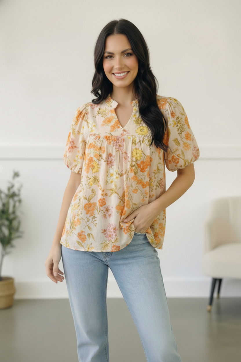 Sunlit Garden Notch Neck Blouse    Joy & Country