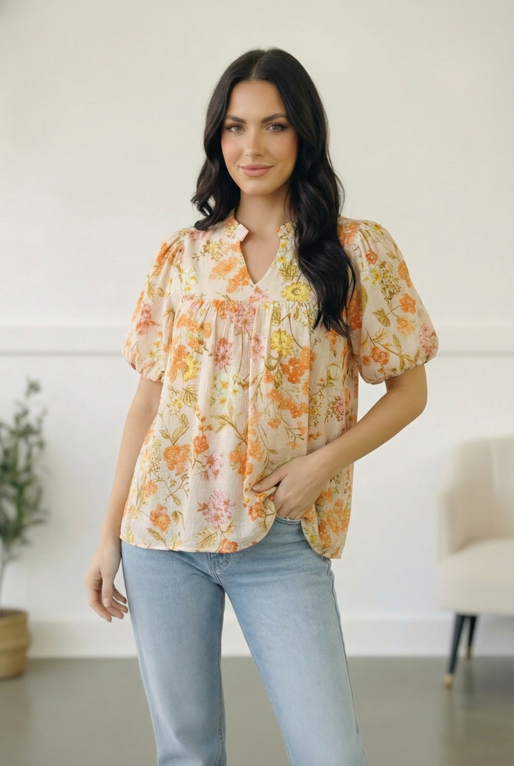 Sunlit Garden Notch Neck Blouse    Joy & Country