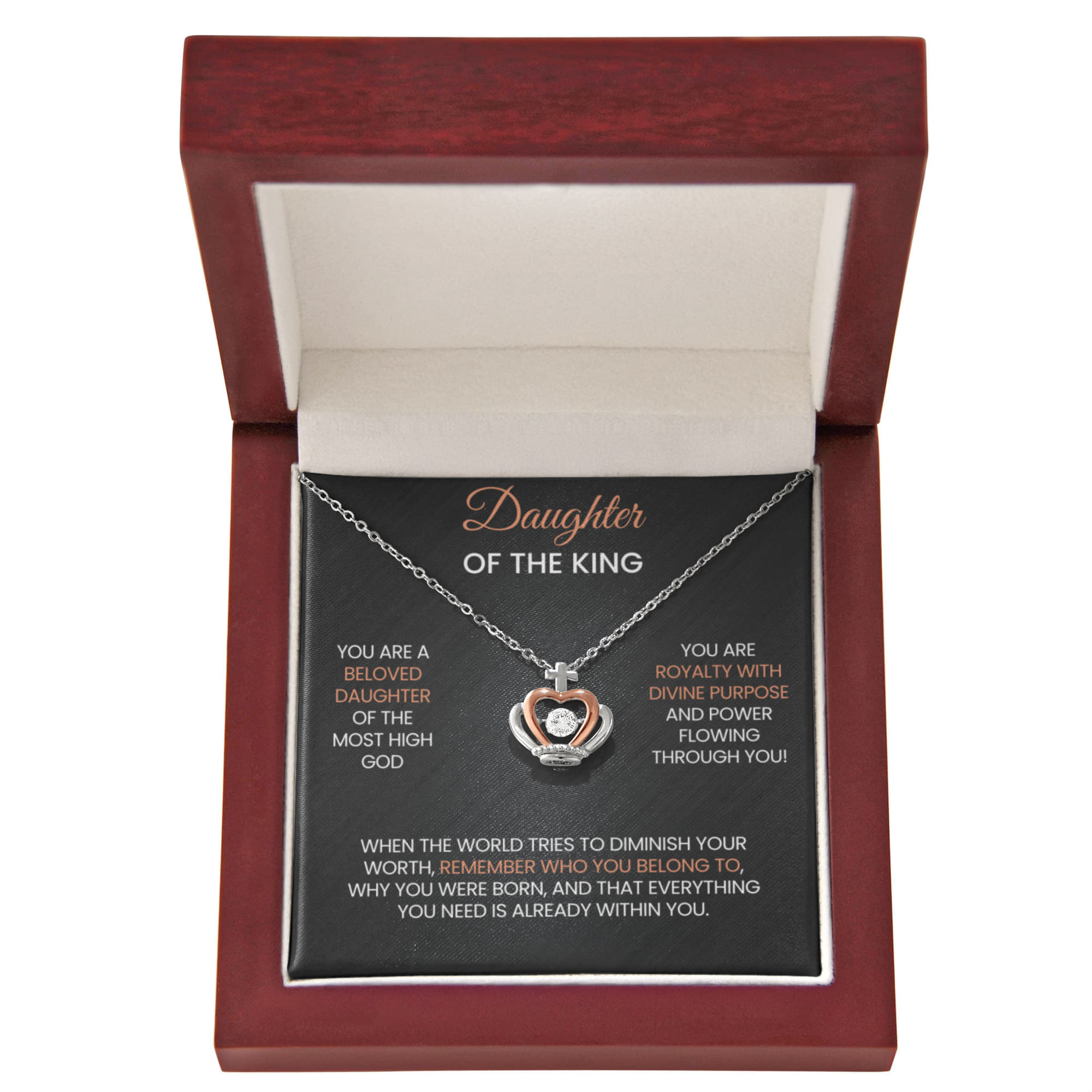Daughter Of The King - Sterling Silver Rhodium-Plated Crown Necklace With LED Gift Box - Joy & Country