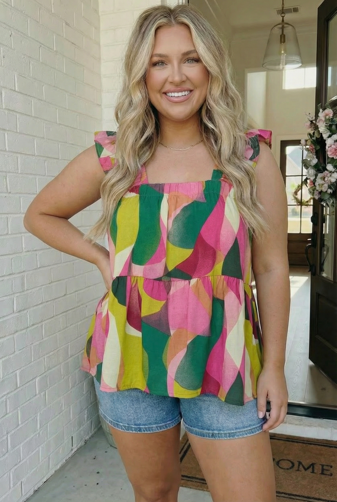 Abstract Print Ruffle Sleeve Babydoll Top    Joy & Country